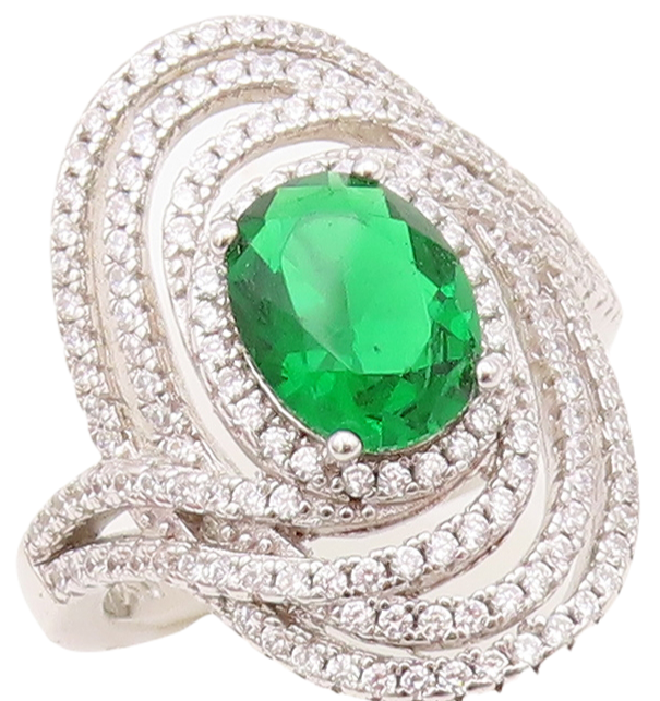 925 Sterling Silver Vintage Ring Oval Cut Green Halo White CZ   Sz 7.5  RG30436