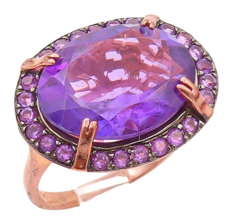925 Sterling Silver Vintage Ring Rose Gold Plated Oval Cut Amethyst Sz 7 RG30590