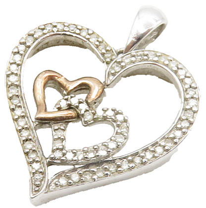 925 Sterling Silver  Vintage Genuine Diamonds Open Love Heart Pendant  PT10368