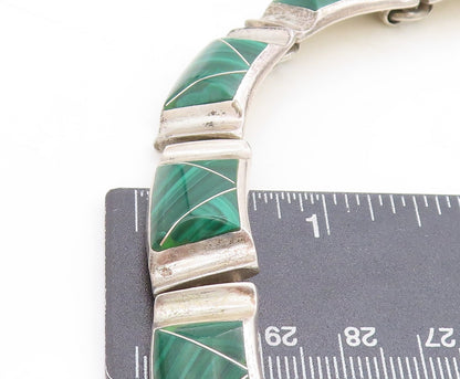 MEXICO 925 Sterling Silver  Vintage Malachite Heavy Chain Necklace  NE2134
