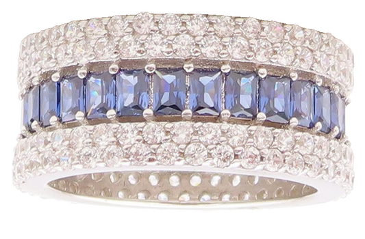 925 Sterling Silver Vintage Ring Rectangle Sapphire & CZ Bands  Sz 7.5  RG30913