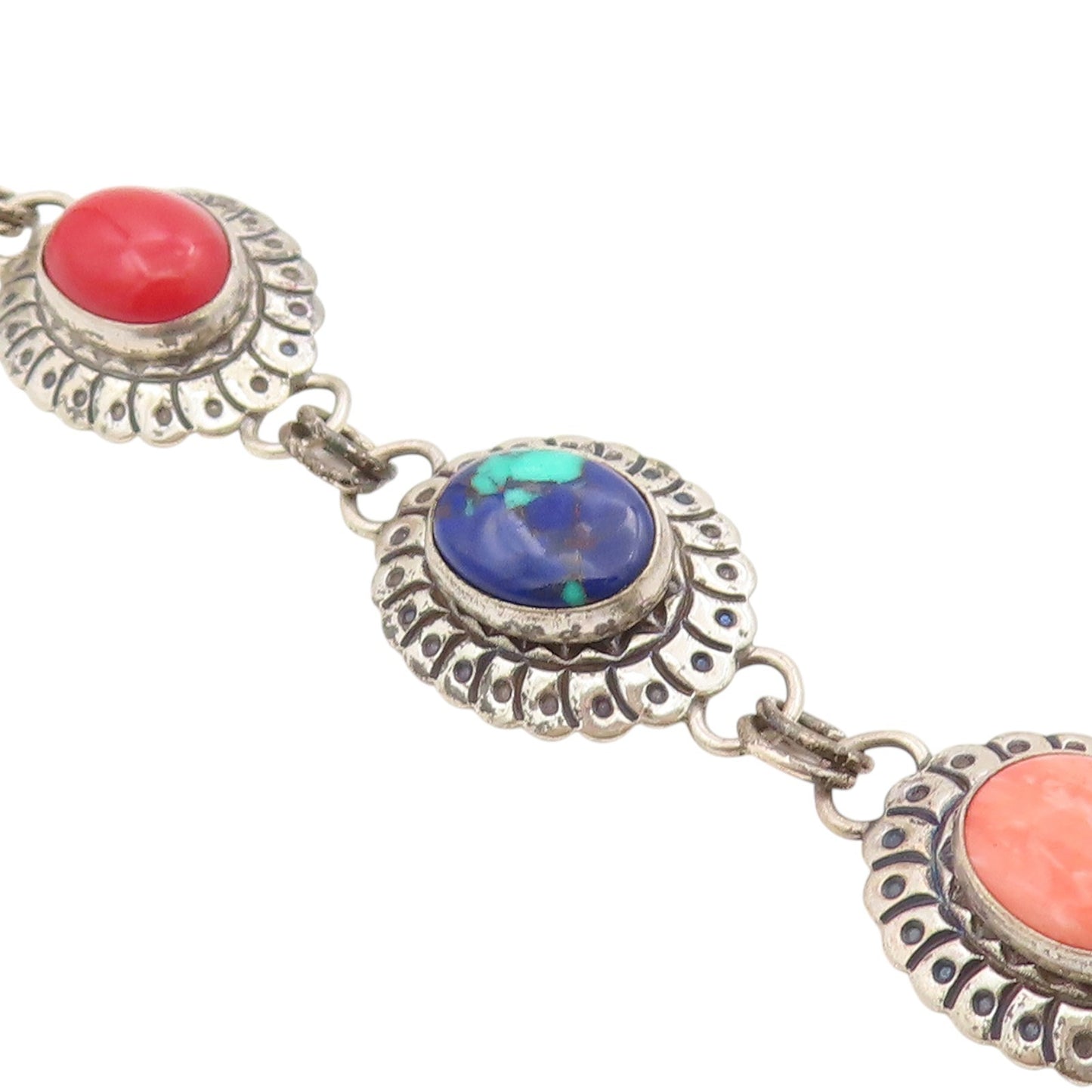 925 Sterling Silver Vintage Bracelet SOUTHWESTERN Multi Gemstone Link BT11527
