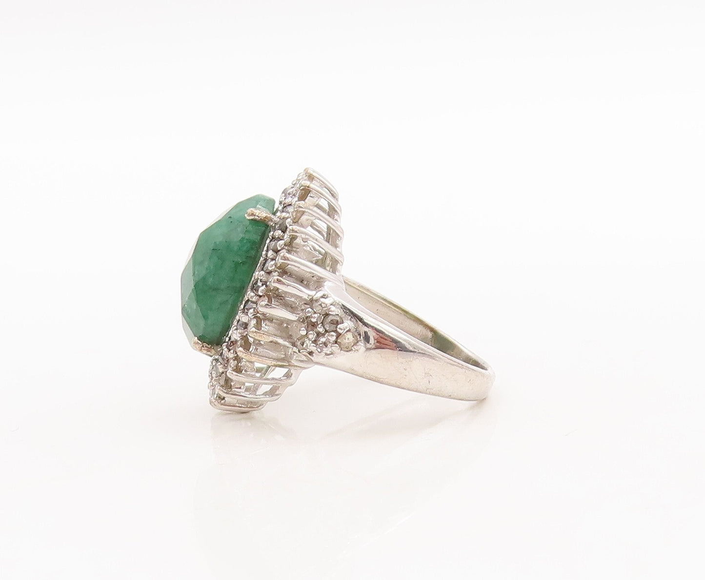 925 Sterling Silver Vintage Ring Oval Green Gemstone & Diamonds  Sz 6  RG29707