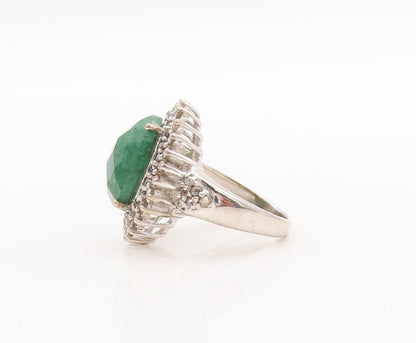 925 Sterling Silver Vintage Ring Oval Green Gemstone & Diamonds  Sz 6  RG29707