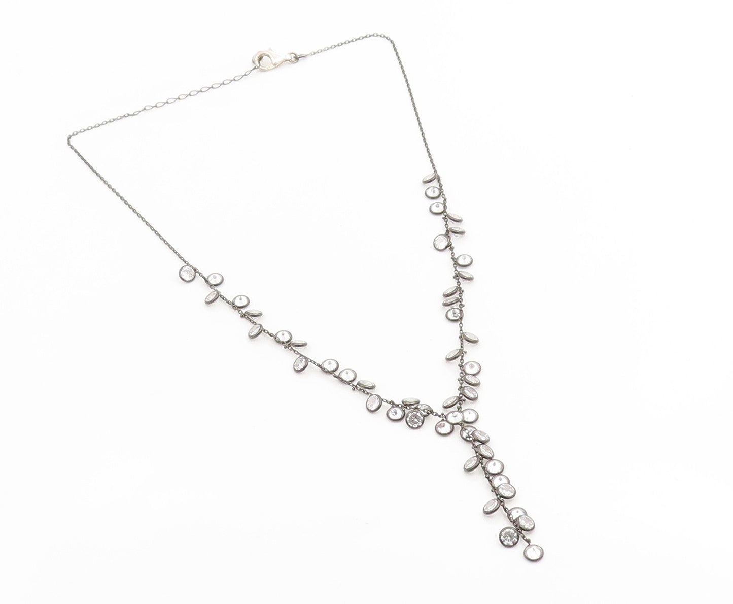 925 Sterling Silver Vintage Necklace Round CZ Dark Tone Lariat Chain  NE4864