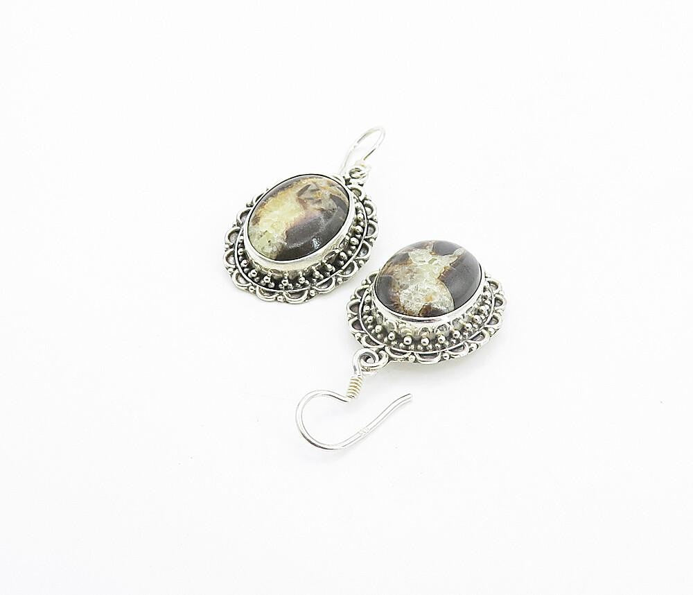 925 Sterling Silver  Vintage Cabochon Cut Jasper Floral Drop Earrings  EG3129