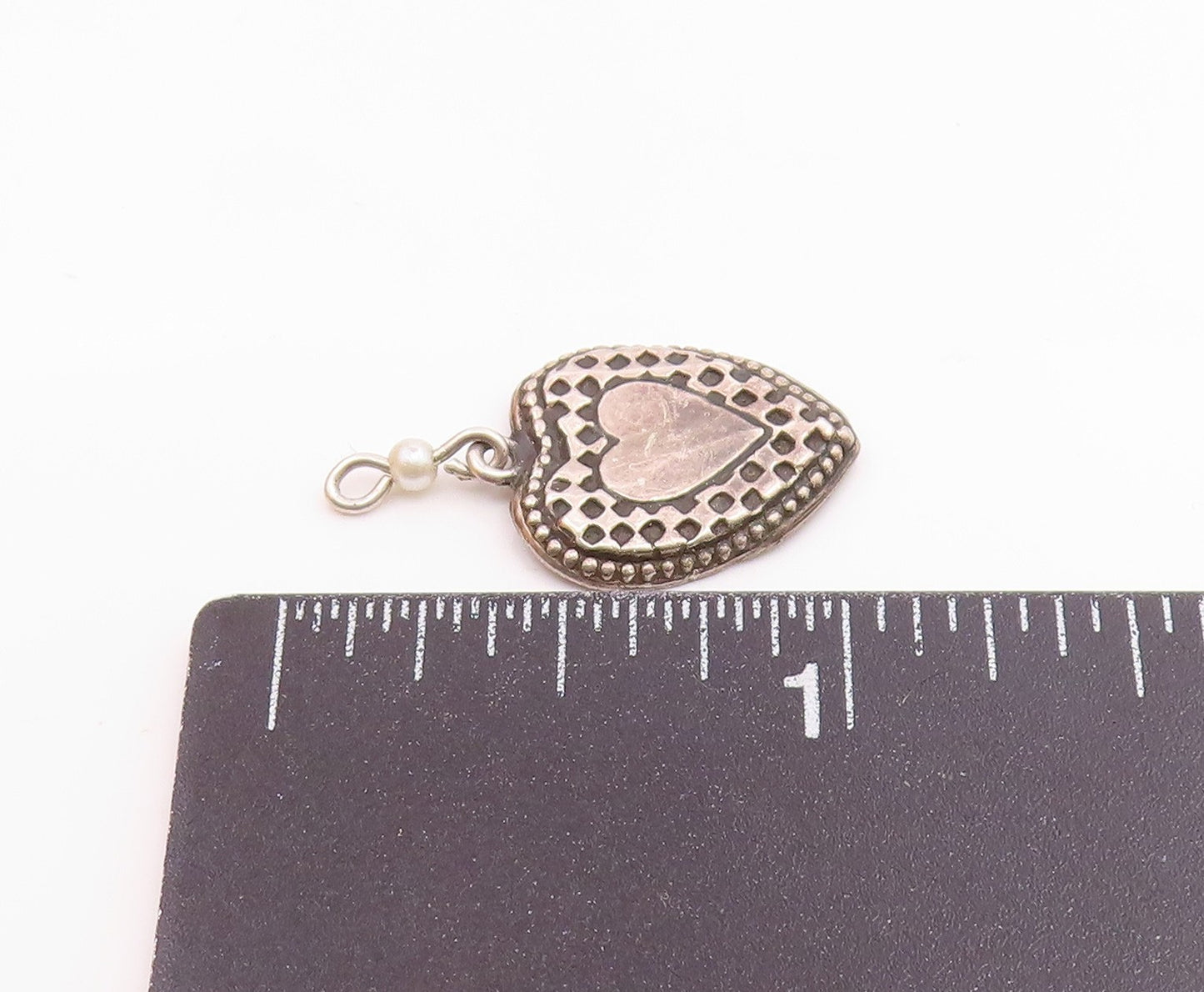 925 Sterling Silver Vintage Petite Pearl Checkered Love Heart Pendant  PT16472