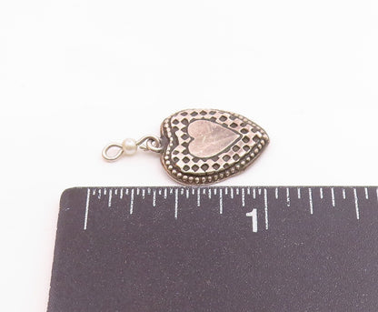 925 Sterling Silver Vintage Petite Pearl Checkered Love Heart Pendant  PT16472