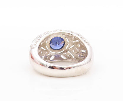 925 Sterling Silver Vintage Ring Designer Cut Sapphire & CZ Inlay Sz 7.5 RG30816
