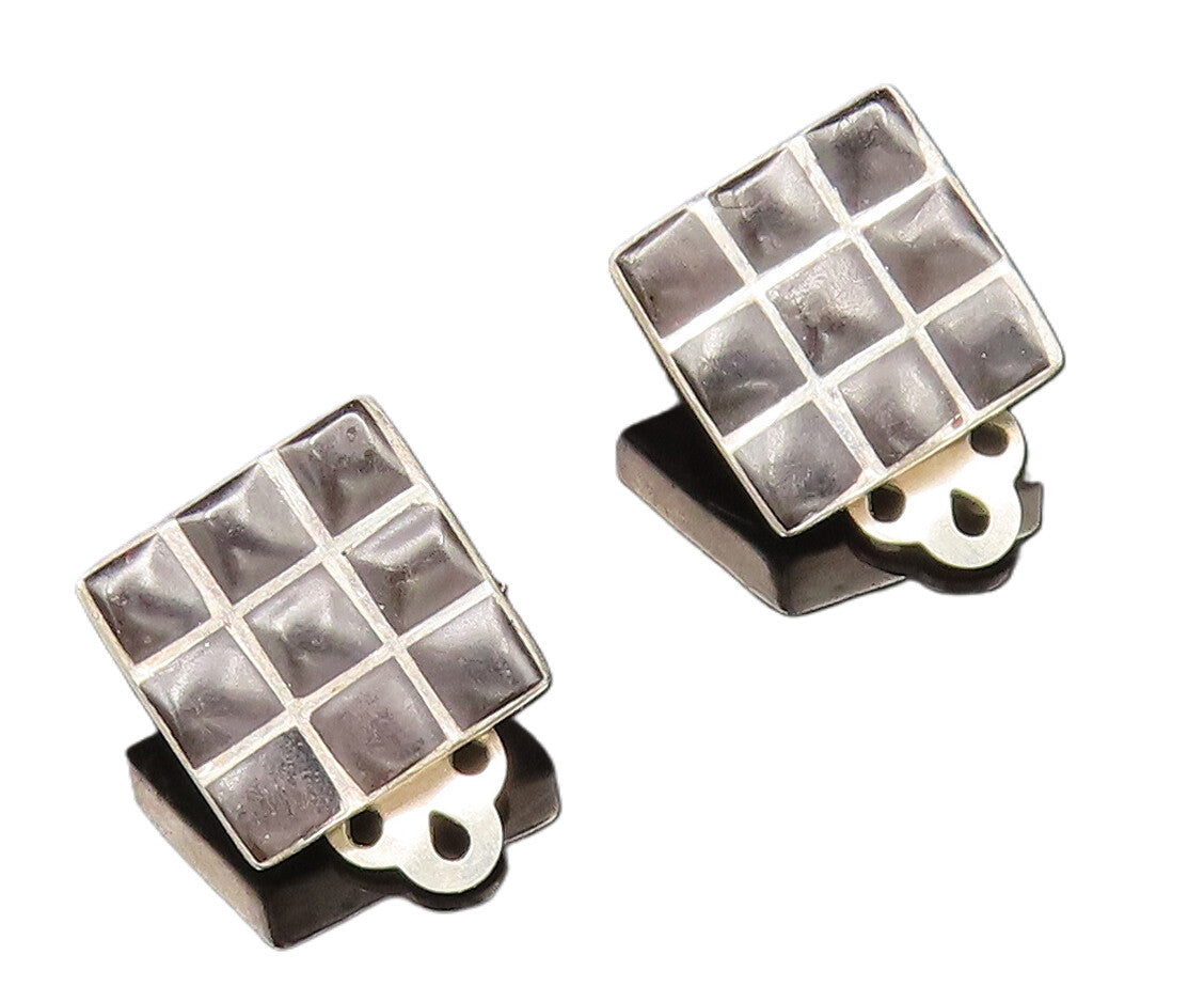 925 Sterling Silver  Vintage Black Enamel Checkered Clip Back Earrings EG12254