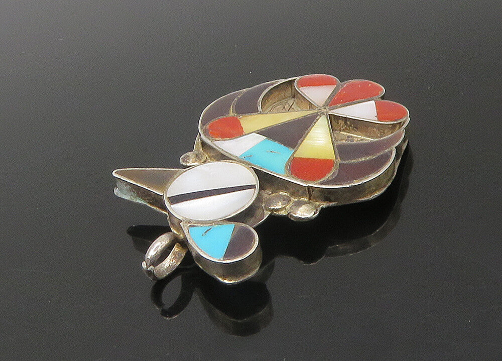 ZUNI NAVAJO 925 Silver Vintage Turquoise & Multi Stone Bird Pendant PT18218