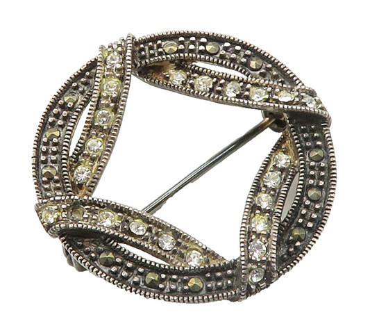 925 Sterling Silver  Vintage Topaz & Marcasite Open Circle Brooch Pin  BP6488