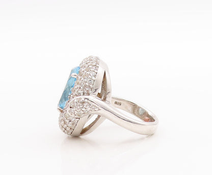 925 Sterling Silver Vintage Ring Oval Cut Blue Topaz Halo CZ  Sz 7  RG29355