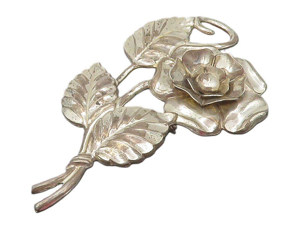 925 Sterling Silver  Vintage Shiny Sculpted Flower Motif Brooch Pin  BP4385