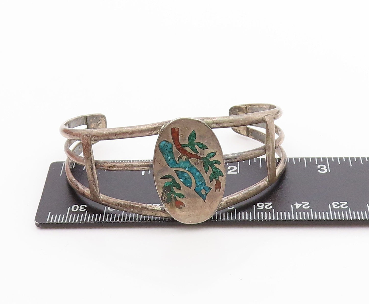 925 Sterling Silver Vintage Bracelet  Crushed Turquoise Bird On Branch   BT11385