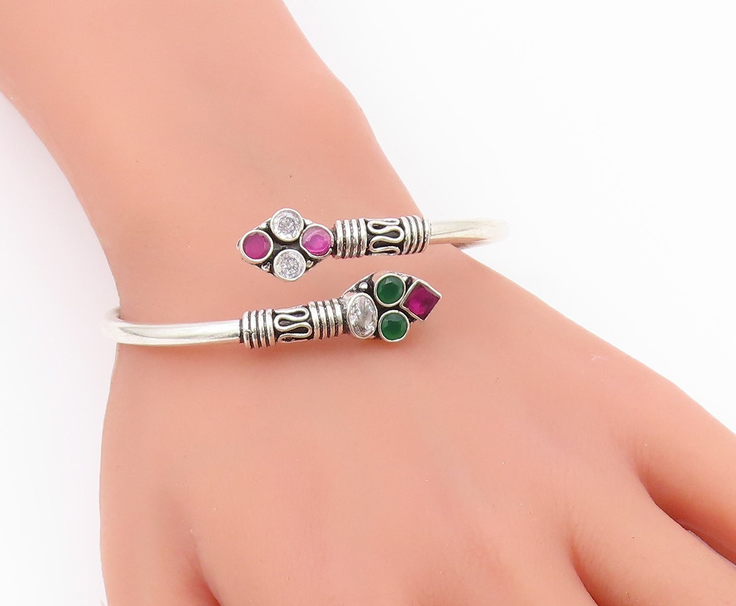 925 Silver  Vintage Ruby Emerald & White Topaz Bypass Cuff Bracelet  BT9564