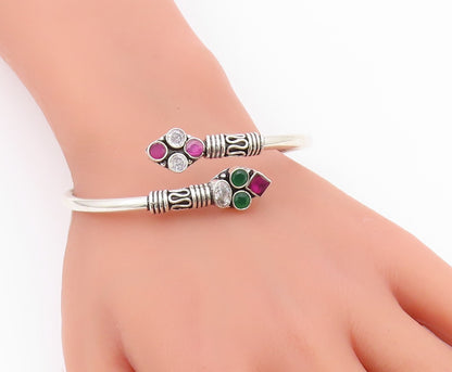 925 Silver  Vintage Ruby Emerald & White Topaz Bypass Cuff Bracelet  BT9564