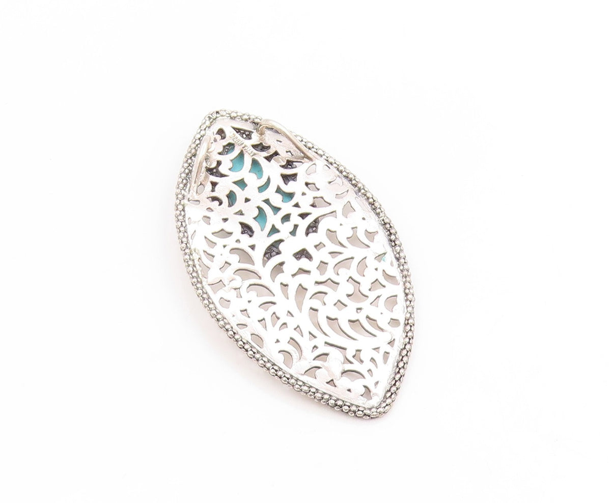 925 Sterling Silver Vintage Pendant Marquise Cut Turquoise Openwork Leaf PT25842
