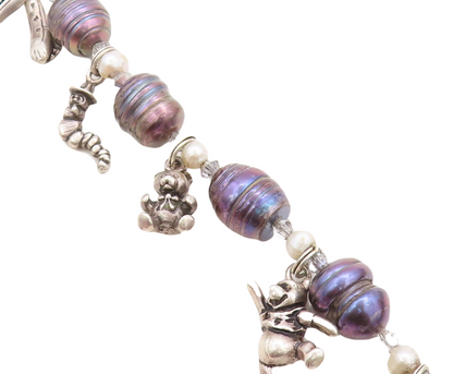 925 Sterling Silver  Vintage Blue & White Pearls Teddy Charm Bracelet  BT2607