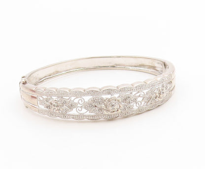 925 Sterling Silver Vintage Bracelet Real Diamonds Floral Rose Bangle  BT11998