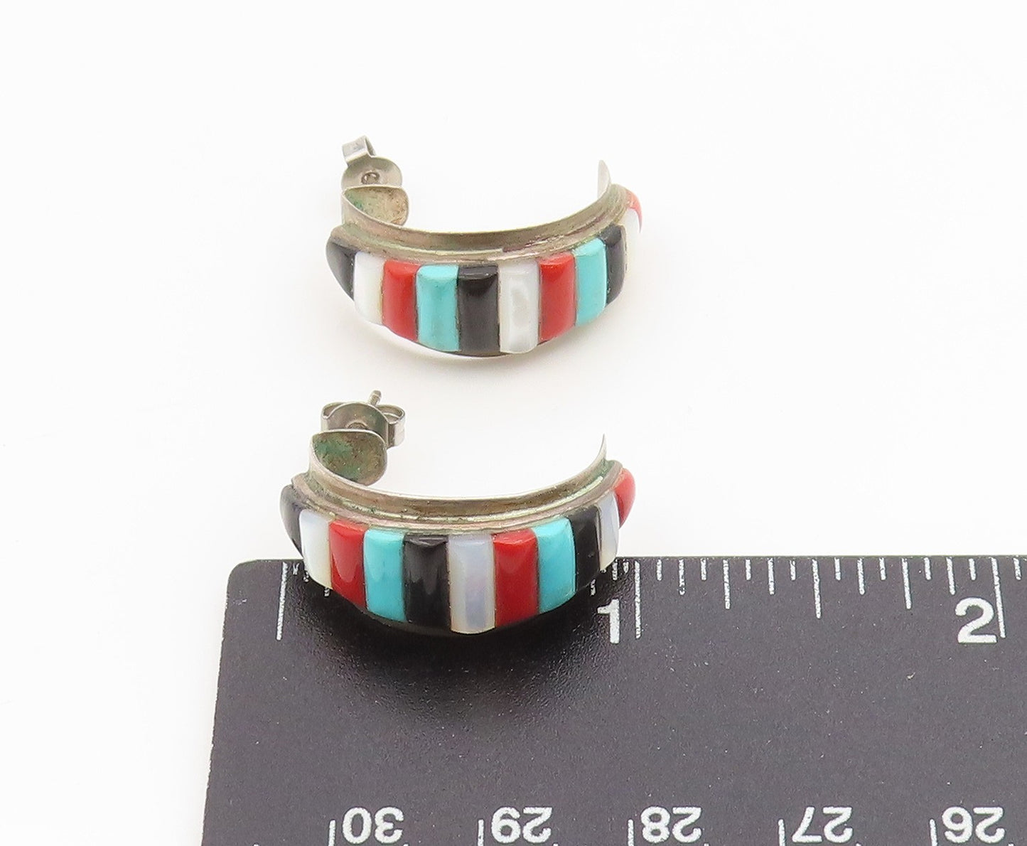 925 Sterling Silver Vintage Earrings NAVAJO ZUNI Multi Gemstone Hoops  EG13896