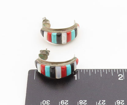 925 Sterling Silver Vintage Earrings NAVAJO ZUNI Multi Gemstone Hoops  EG13896