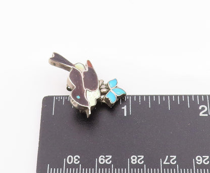 925 Sterling Silver Vintage Brooch NAVAJO ZUNI Turquoise Enameled Bird  BP11821