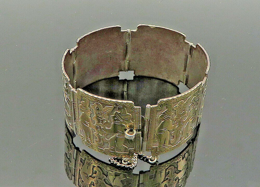 925 Sterling Silver & 18K GOLD  Vintage Warrior Panel Chain Bracelet  BT8242