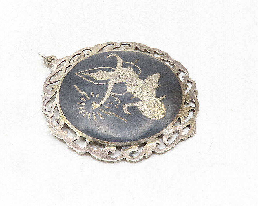 SIAM 925 Sterling Silver  Vintage Black Enamel Niello Dancer Pendant  PT7640