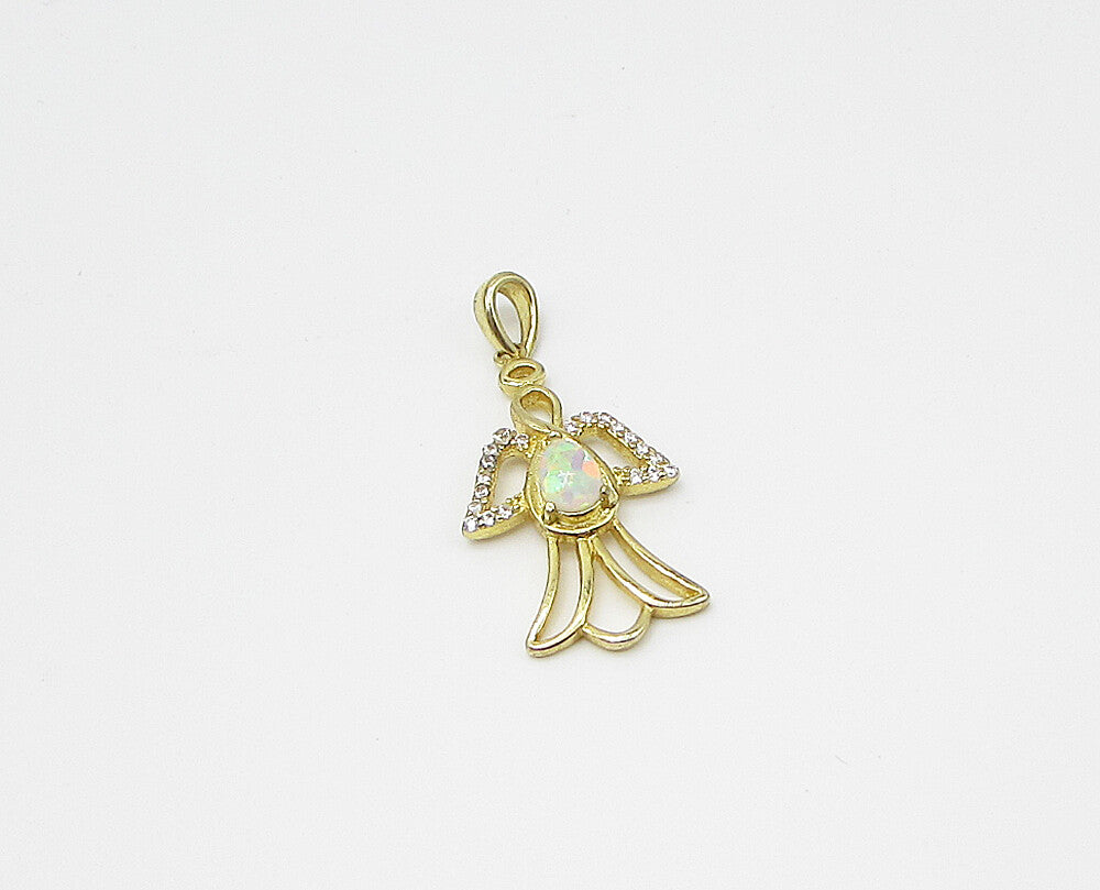 Gold Over 925 Silver  Fire Opal & Cubic Zirconia Angel Drop Pendant  PT2135