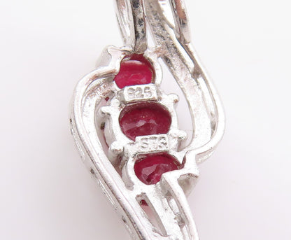 925 Sterling Silver Vintage Pendant Modernist Three Stone Ruby Charm  PT25035