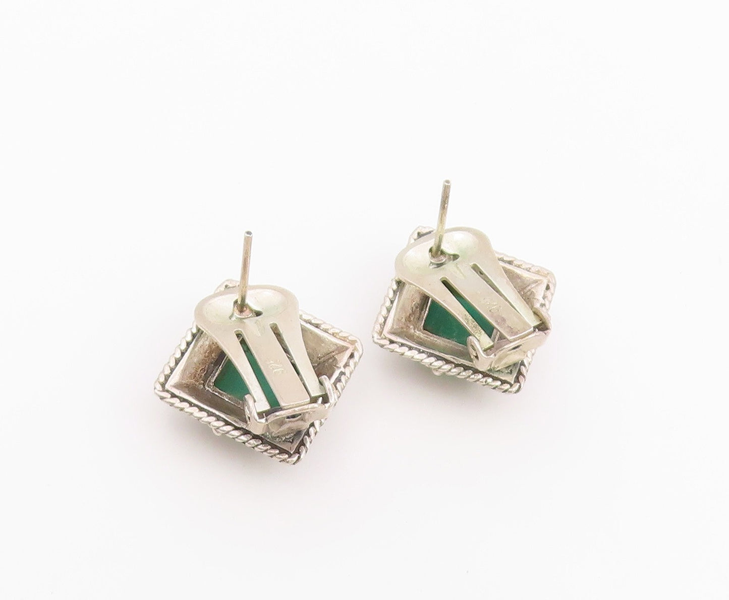 925 Sterling Silver Vintage Earrings Green Onyx Beaded Frame Clip On  EG14432