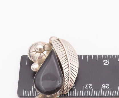 925 Sterling Silver Vintage Brooch Pin MEXICO Drop Cut Onyx Carved Leaf  BP10745