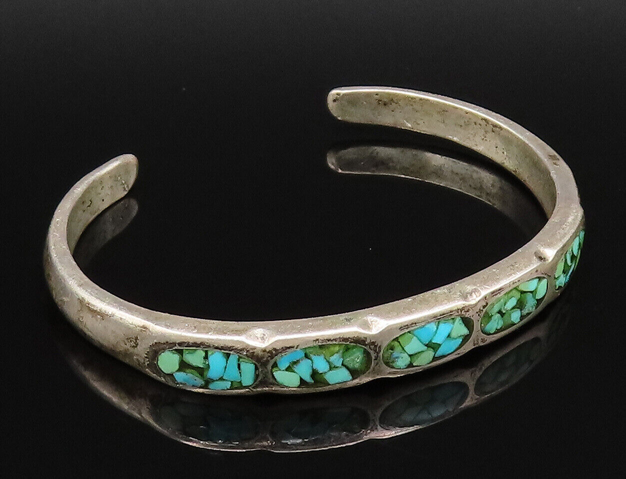 ZUNI NAVAJO 925 Silver - Vintage Crushed Turquoise Cuff Bracelet - BT9648