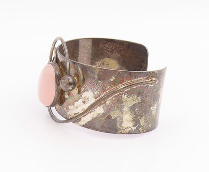 925 Sterling Silver Vintage Bracelet Cabochon Rose Quartz Wide Cuff  BT11975