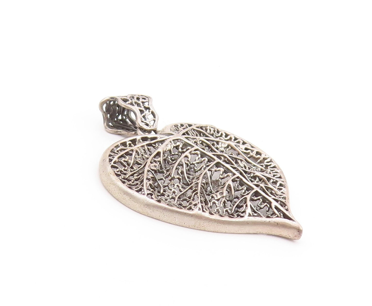 925 Sterling Silver Vintage Pendant Designer Dark Tone Cutout Leaf  PT23978