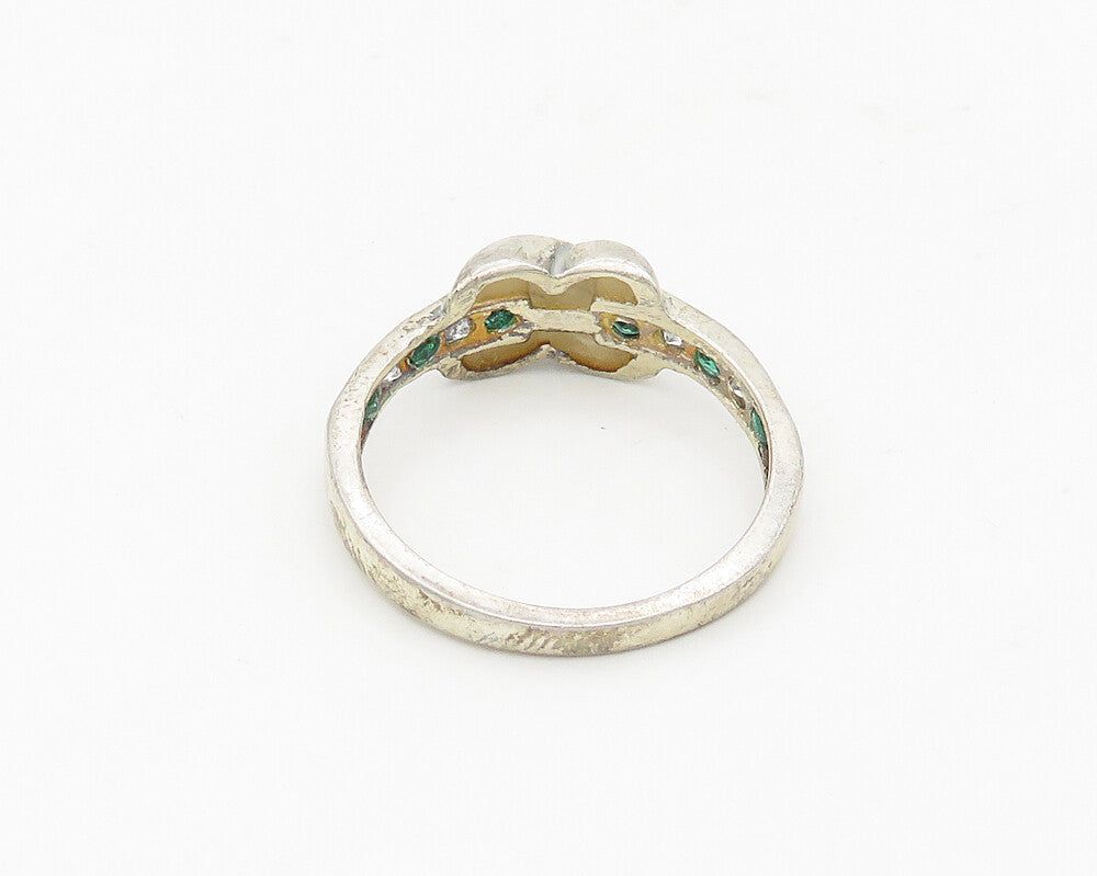 925 Sterling Silver Vintage White & Green Topaz Crossed Band Ring Sz 7 RG18520