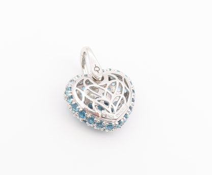 925 Sterling Silver Vintage Pendant Elegant Blue Topaz Love Heart Charm  PT26421