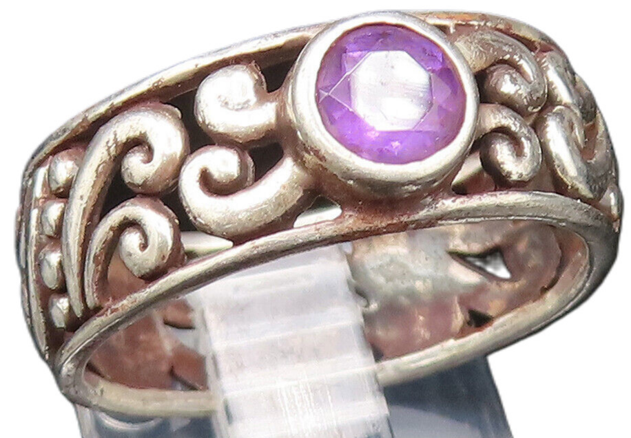 925 Sterling Silver  Vintage Scroll Swirl Amethyst Band Ring Sz 8  RG25510