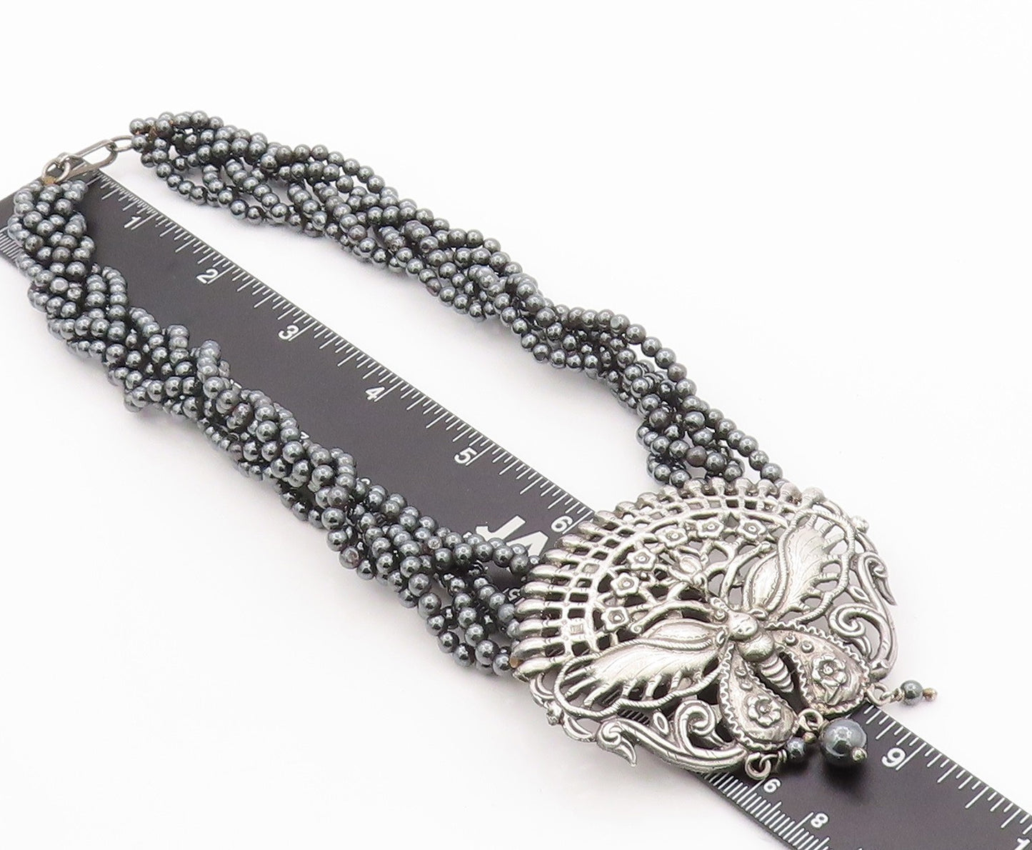 925 Sterling Silver Vintage Necklace Dark Tone Butterfly Hematite Bands  NE4483