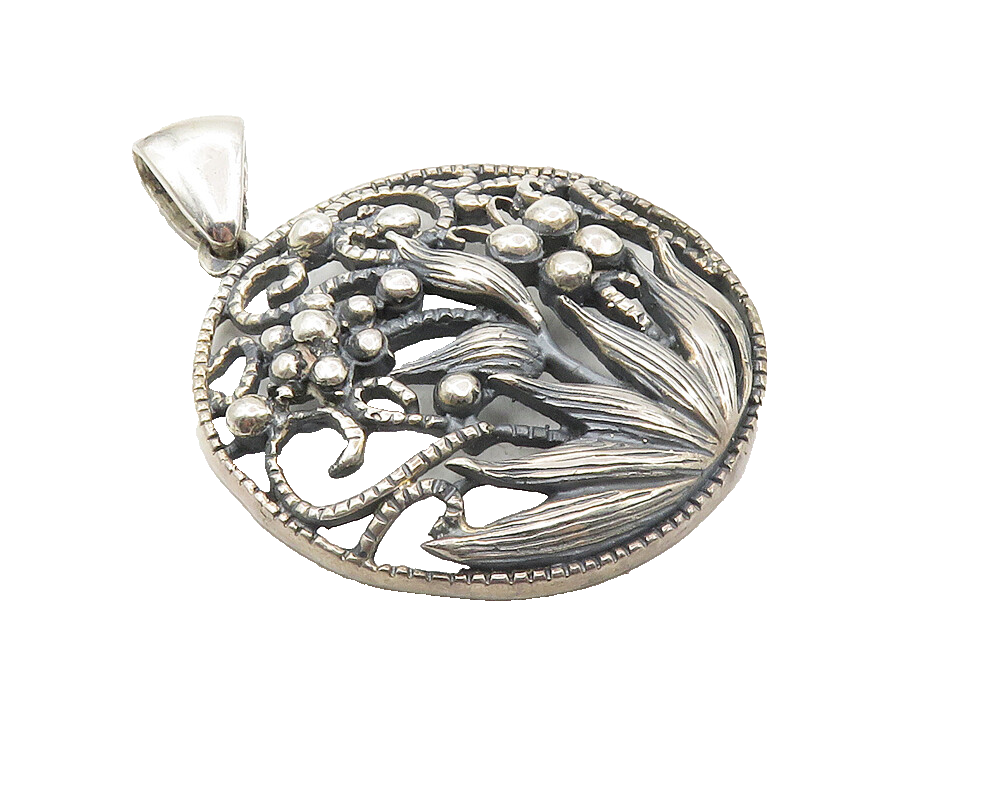 MEXICO 925 Sterling Silver  Vintage Dark Tone Blooming Flowers Pendant  PT7932