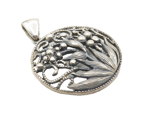 MEXICO 925 Sterling Silver  Vintage Dark Tone Blooming Flowers Pendant  PT7932