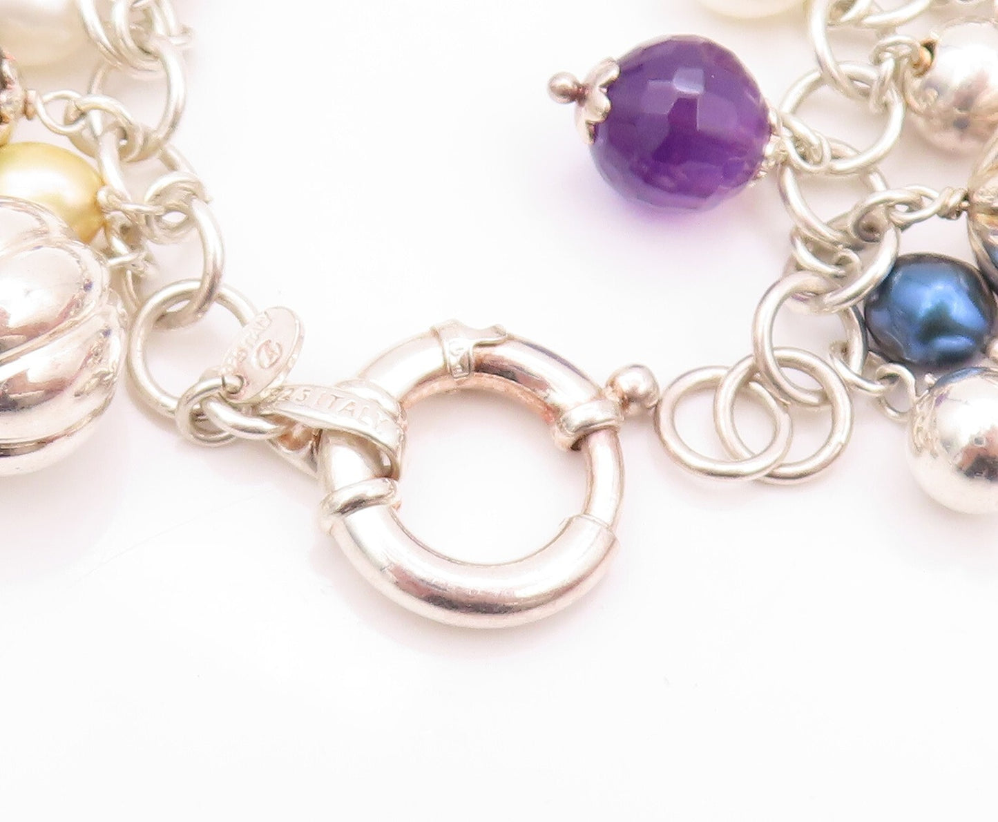925 Sterling Silver Vintage Bracelet Designer Pearls Amethyst Gemstones  BT11155