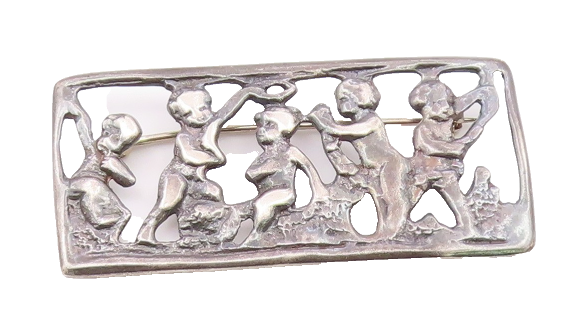 925 Sterling Silver  Vintage Oxidized Children Scene Square Brooch Pin  BP4649