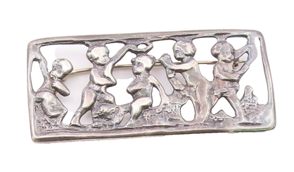 925 Sterling Silver  Vintage Oxidized Children Scene Square Brooch Pin  BP4649