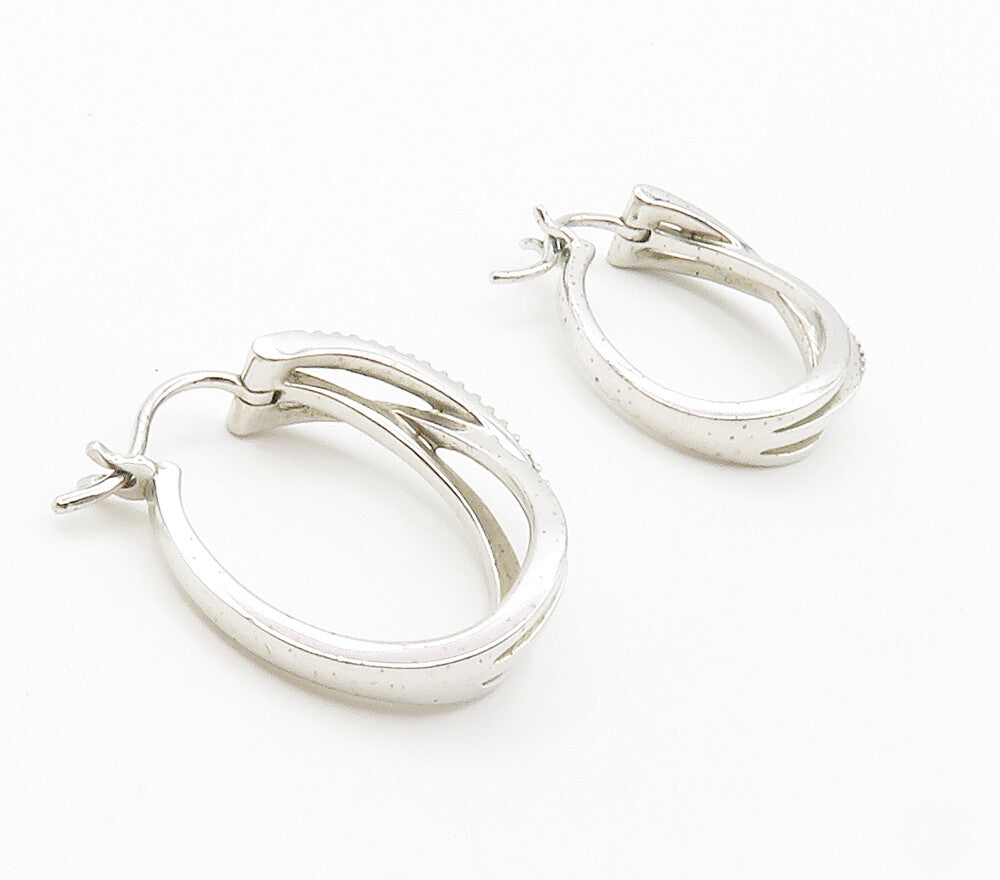 925 Sterling Silver  Genuine Diamonds Shiny Split Shank Hoop Earrings  EG7525