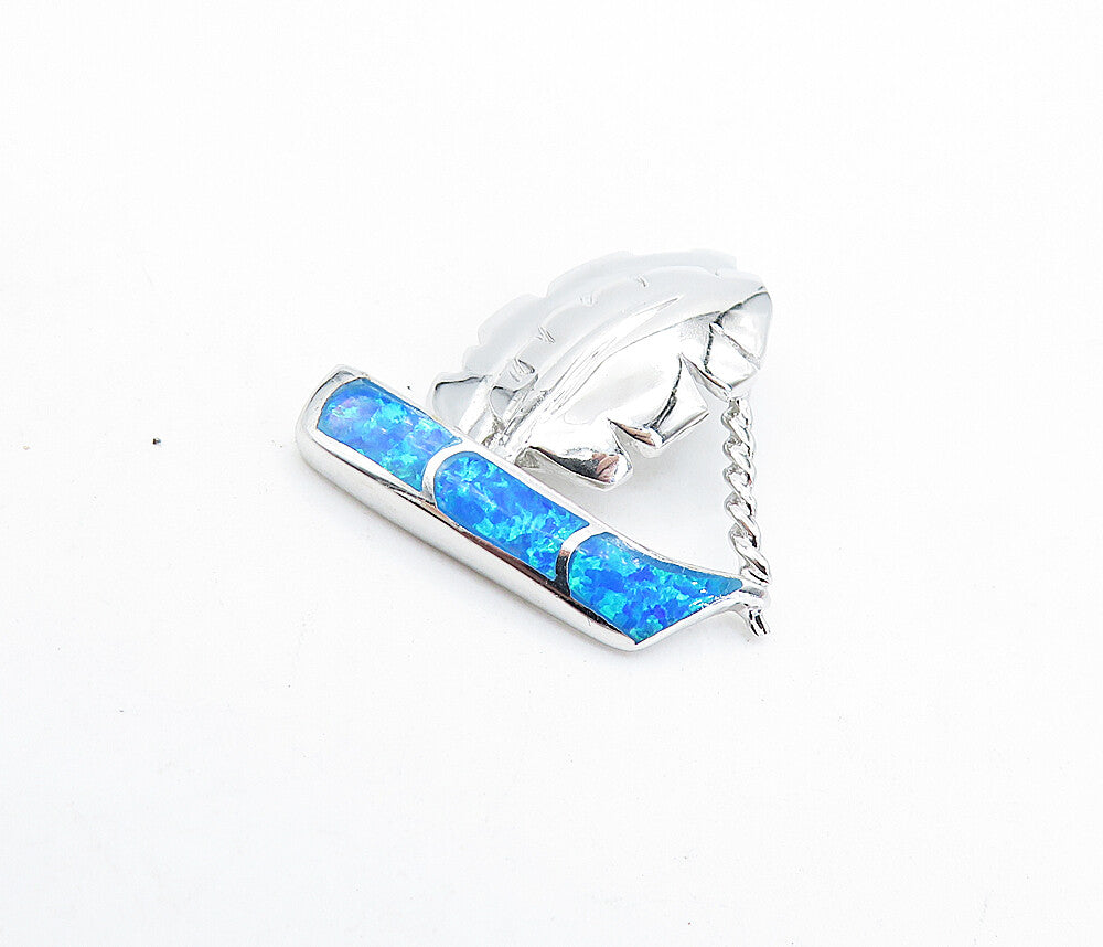925 Sterling Silver  Blue Fire Opal Feather Sail Boat Motif Pendant  PT5058