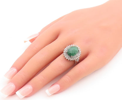 925 Sterling Silver Vintage Ring Oval Green Gemstone & Diamonds  Sz 6  RG29707