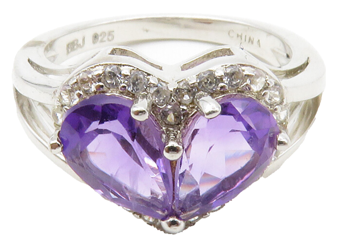 925 Sterling Silver  Amethyst Love Heart Split Cocktail Ring Sz 5.5  RG13470