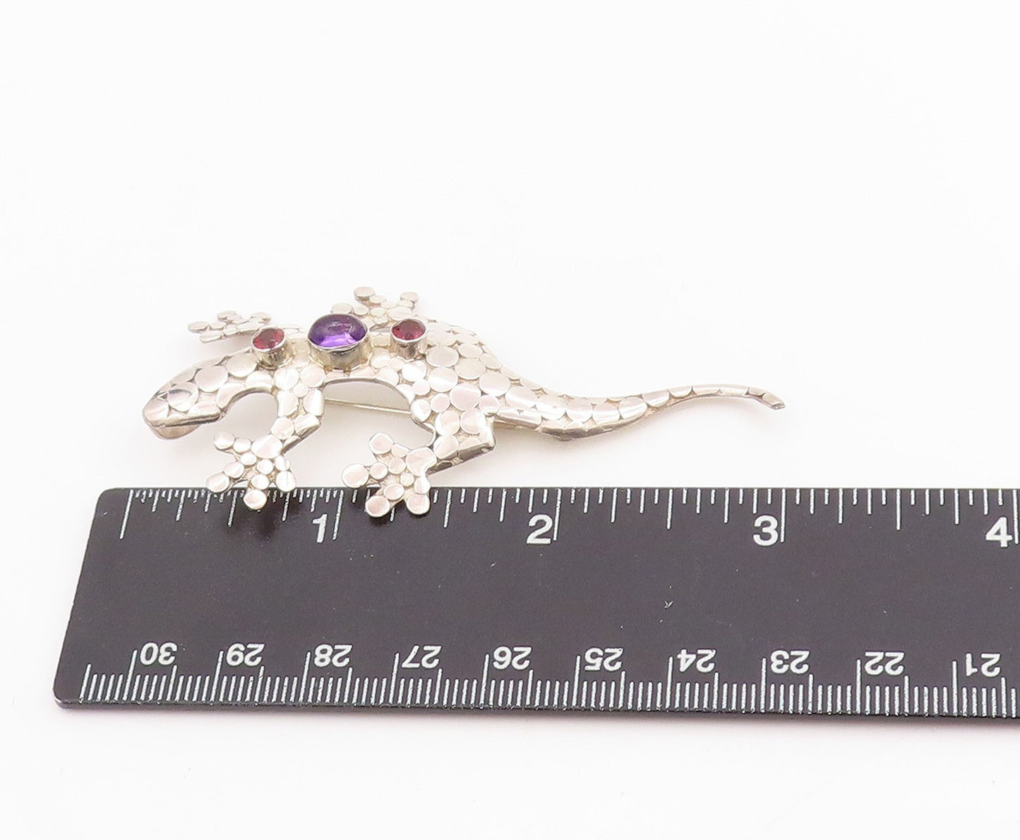 925 Sterling Silver Vintage Brooch SAJEN Oval Amethyst & CZ Lizard Pin  BP11956